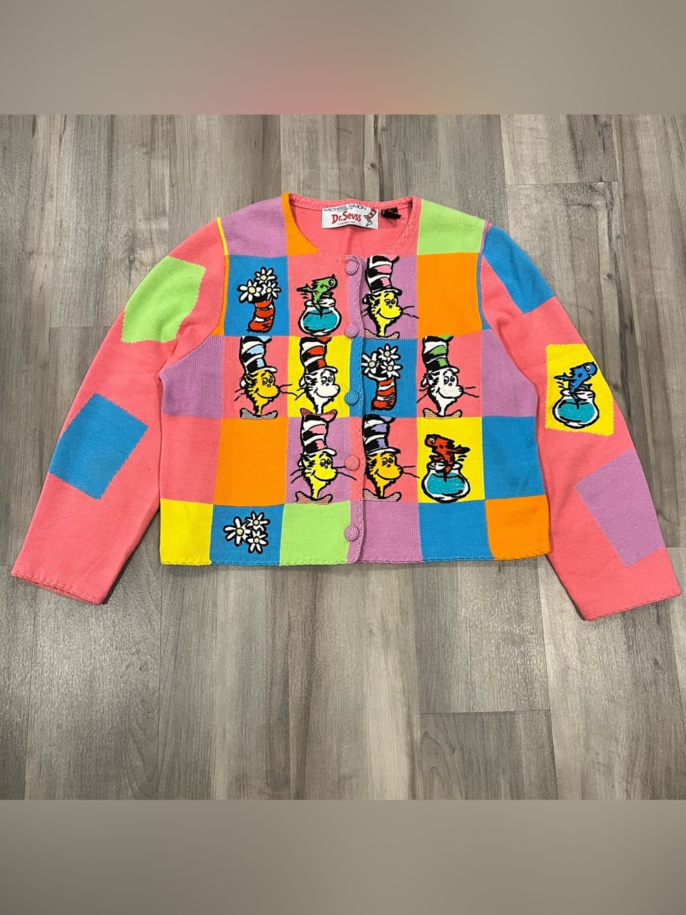 Michael Simon Dr Seuss Cardigan Sweater Small/Medium Colorful Cat in Hat Y2K